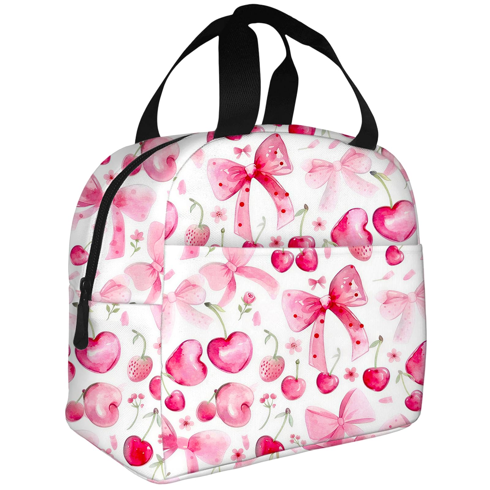 Dei tkeyts Pink Bow Insulated Lunch Bag, Packed Pink Lunch Bag Adults, Cherry Packed Lunch Bag for Women, Reusable Leakproof Lunch Box for School, Work, Travel & Preppy Stuff Gifts