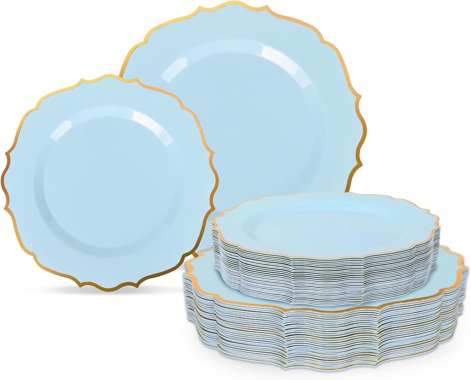 60 Pcs Light Blue Plastic Plates with Gold Foil Rim Heavy Duty Blue Baroque Disposable Plates 7.5 & 10.5 Inch Scalloped Tableware Set for Wedding Birthday Bridal Baby Shower Party Supplies