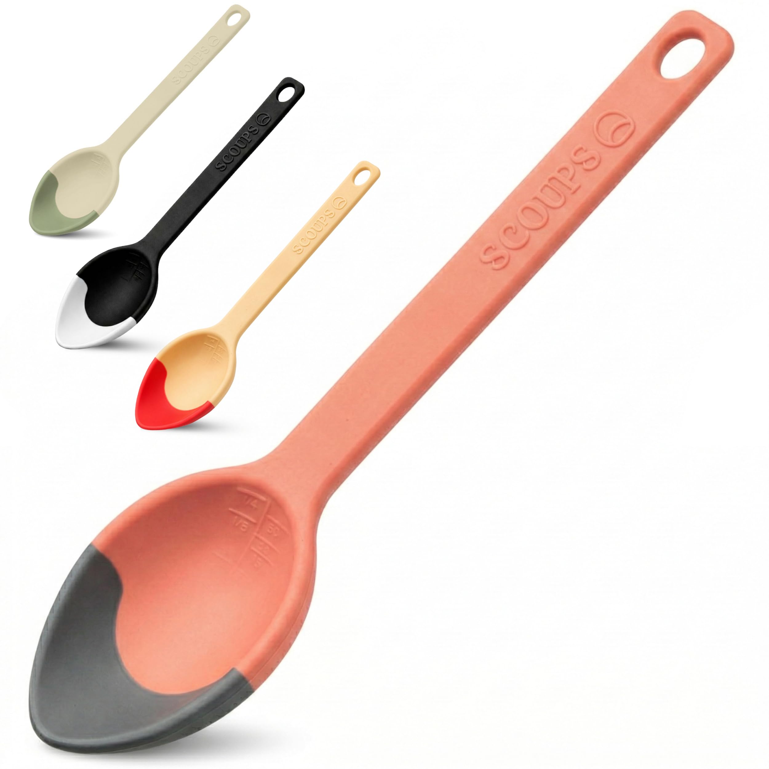 Silicone Serving Spoon with Soft Tip Edge – Scraper Spoon for Jars, Pots & Pans – 3-in-1 Scoop, Scrape & Serve – Nonstick Heat Resistant Cooking Spoon (Scoups) (Blue/Orange)