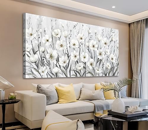 arteWOODS Lienzo decorativo para pared, diseño de flores silvestres grises y blancas, decoración de pared, pintura botánica, obras de arte elegantes