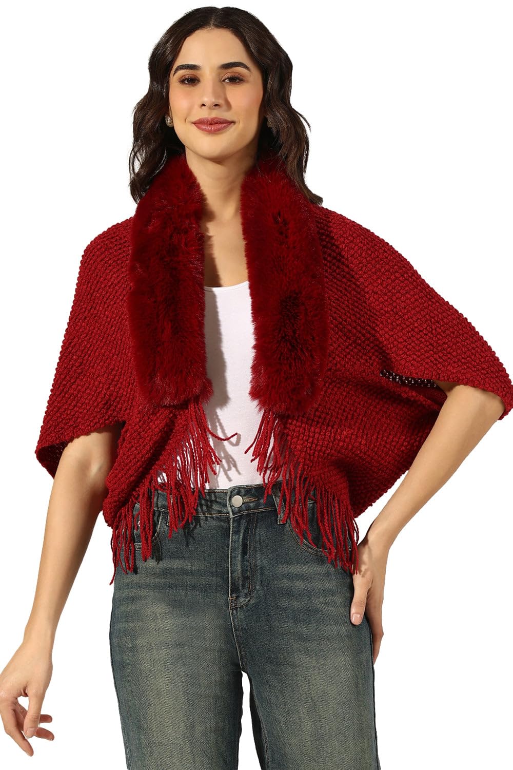 showoffff Edition Women's Textured Red Faux Fur Collar Poncho with Fringed Hem-CHN-2315_Red-P-picture-39