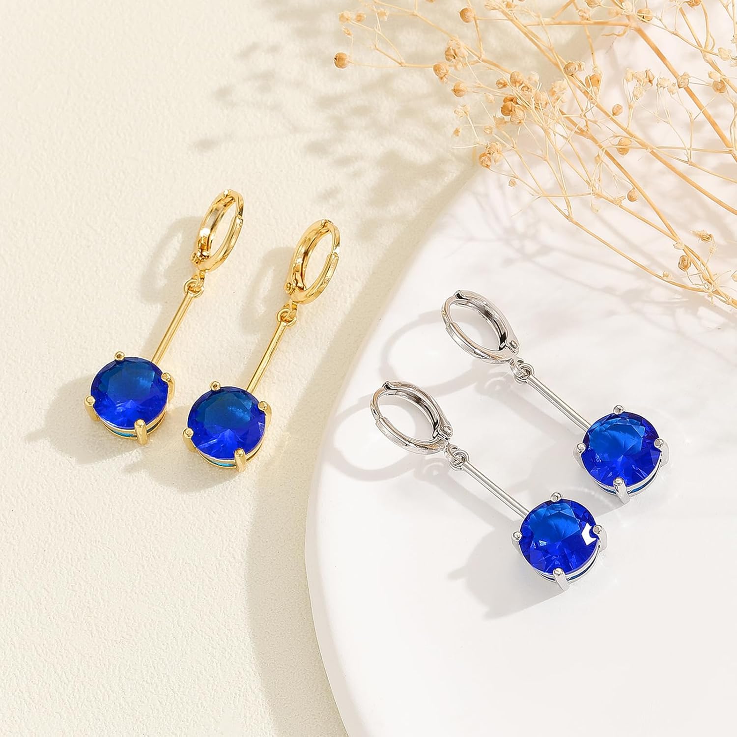 VONSSY Gemstone Drop Dangle Earrings | Platinum/Gold Plated Leverback Crystal Cubic Zirconia Hanging Red/Pink/Blue Earrings