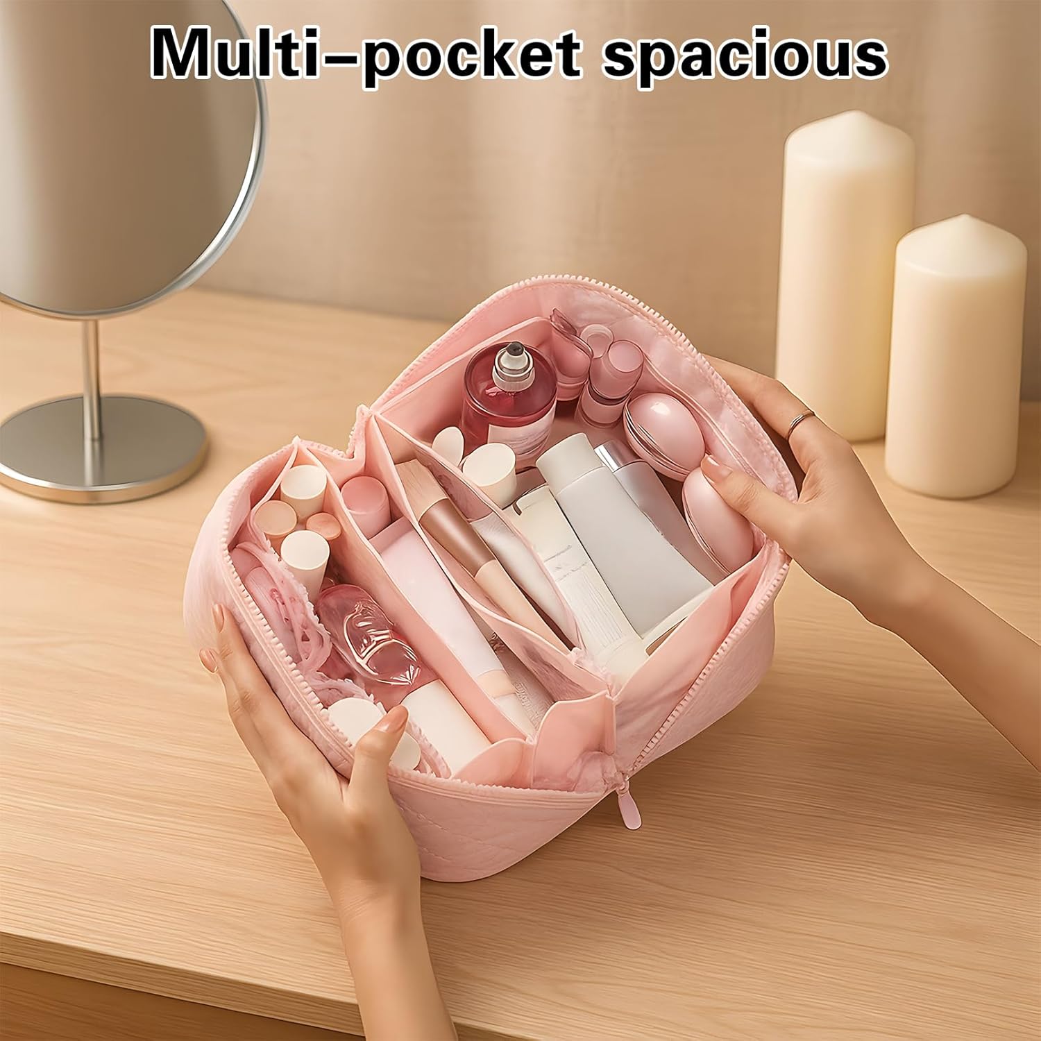 Makeup Bag Travel Toiletry Bag, Puffy Padded Make Up Bags for Women, Waterproof Cosmetic Organizer, Makeup Organizer Wide-open Pouch Purse, Travel Essentials for Toiletries Accessories Storage (Pink) - Image 4