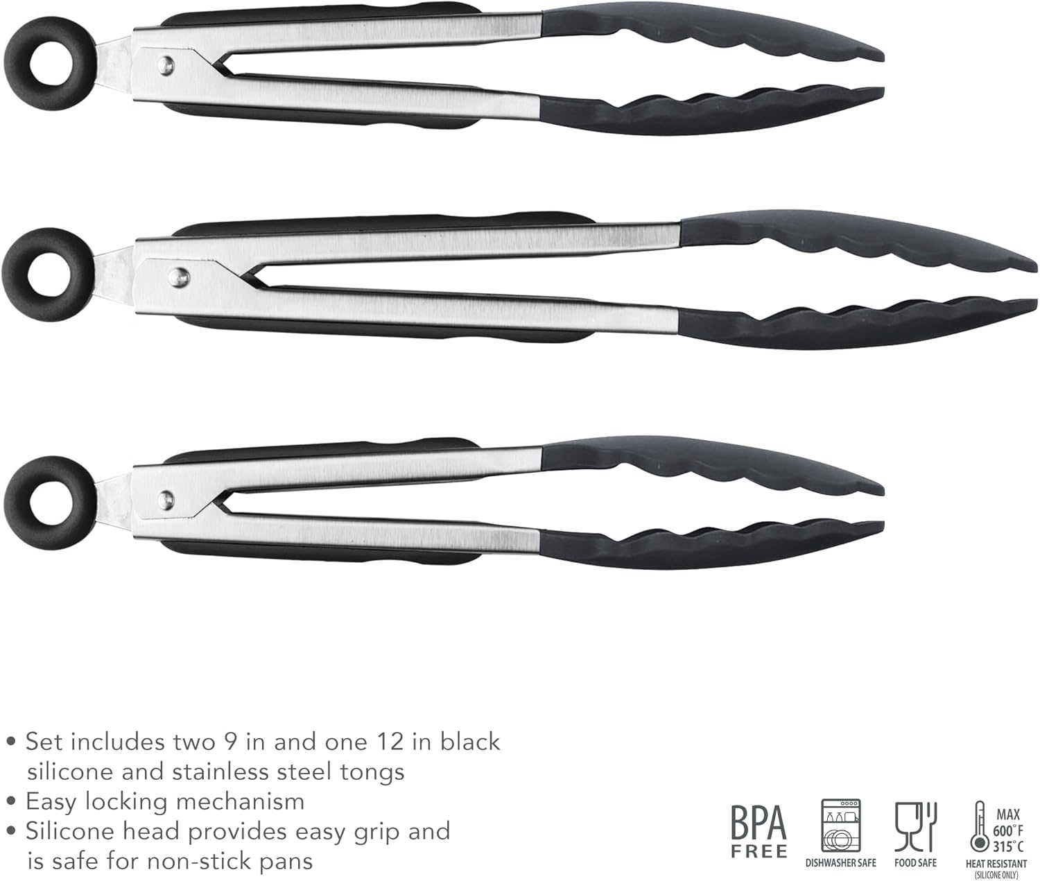 Tovolo Stainless Steel Tongs with Silicone Tips 9” 9” 12 Inch Black Heat Resistant Kitchen Tongs for Cooking Grilling Air Fryer, Stainless Steel Dishwasher Safe Metal Tongs BPA Free Set of 3