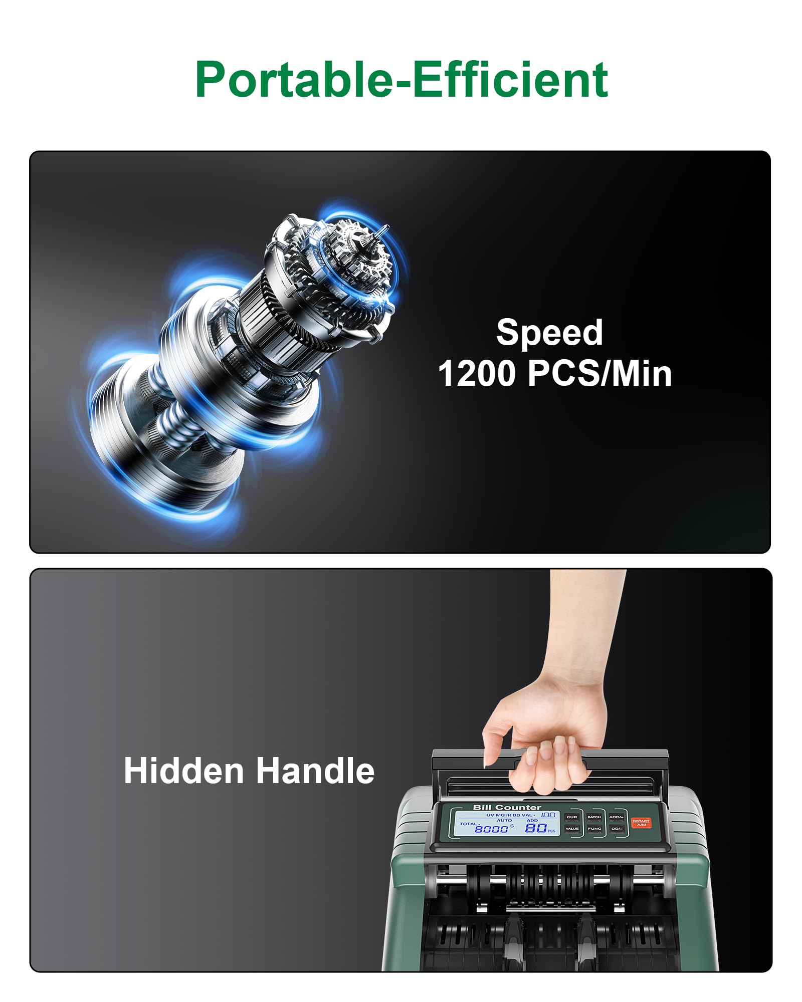 AL1000 Contador de Billetes, Detección de Billetes Falsos UV/IR/DD/MG, Conteo de Valor & Lote & Adición, Pantalla LCD, 1200 Billetes/Min, Compatible con Múltiples Monedas, Verde Oscuro