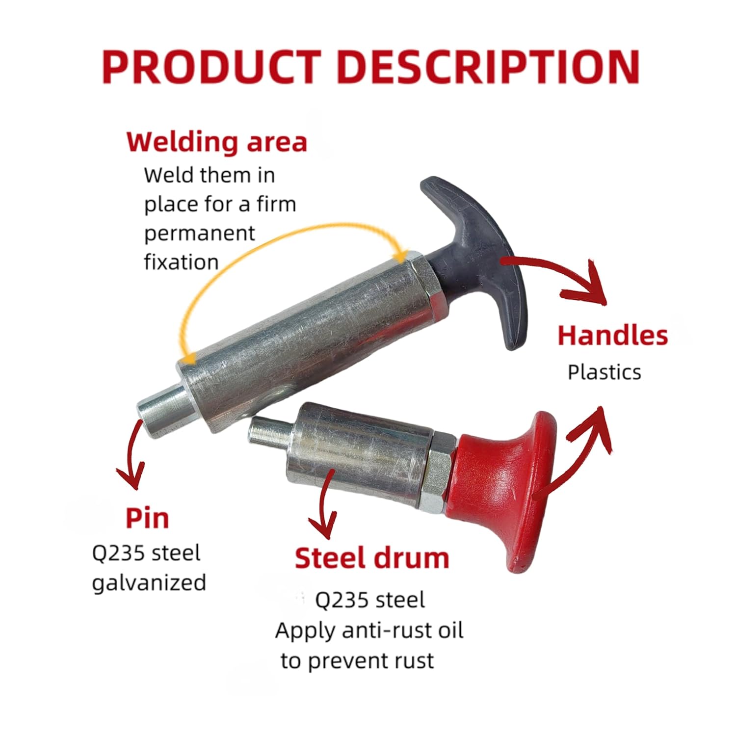 Handle Lock Spring-Loaded Pull pin, Welded Steel Barrel Positioning pinExtended Black/red Handle Pull Rod knob (1, Red Handle Dia:2/5in)