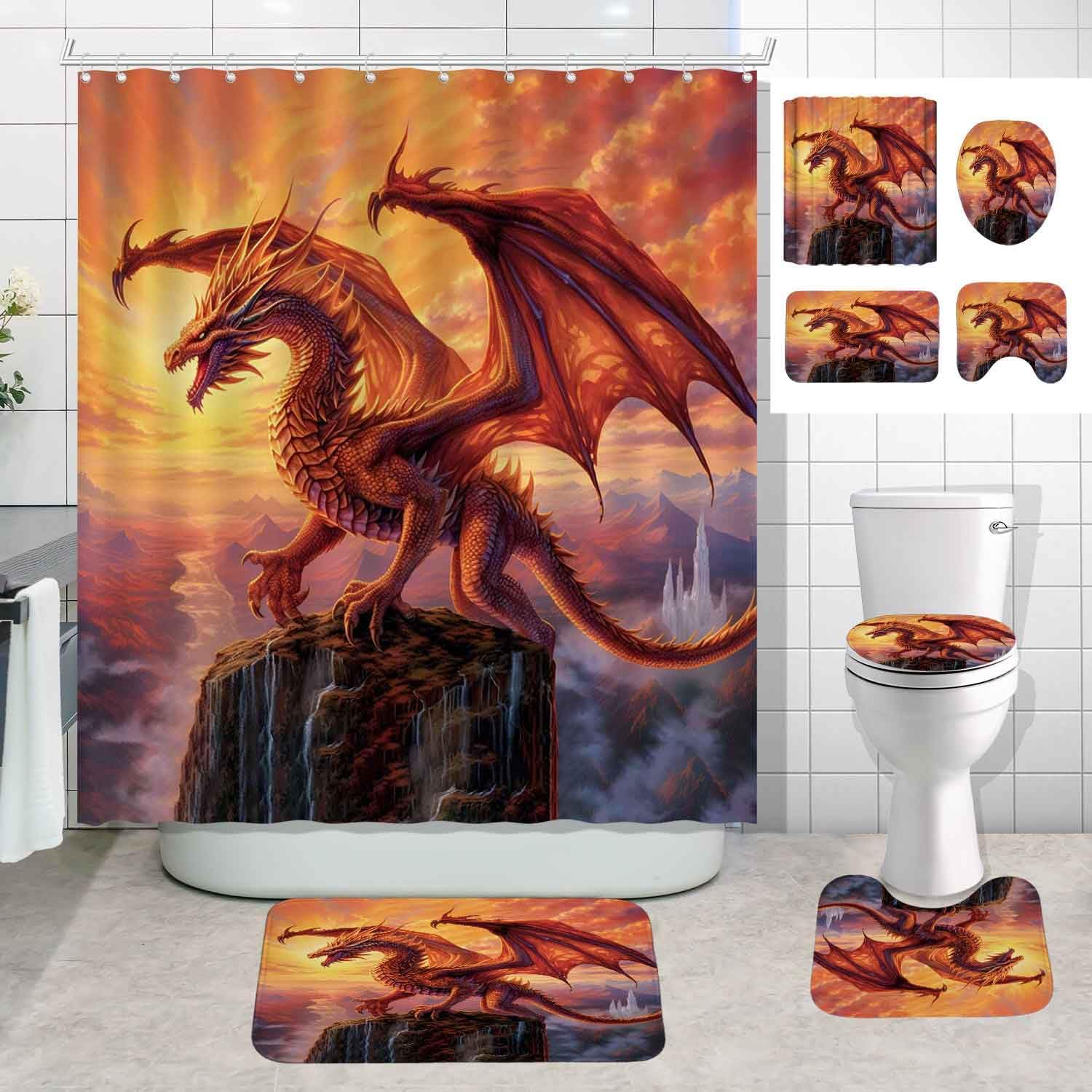 4PCS Red Dragon Shower Curtain Set, Medieval Mythical Creature Cool Fantasy Dragon Bathroom Decor for Boys Kids, Waterproof Fabric Shower Curtain, Non-Slip Bath Mats Toilet Rugs