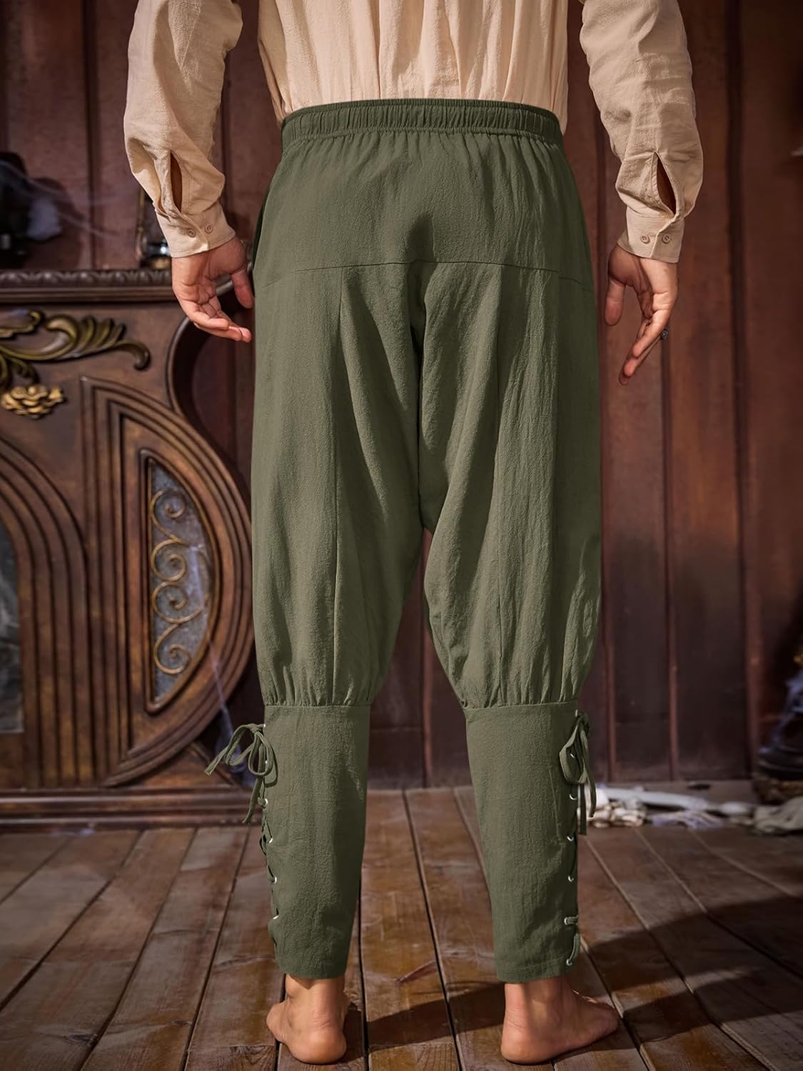 Runcati Mens Medieval Ankle Banded Pants Renaissance Viking Pirate Navigator Costume Pants Lace Up Cotton Halloween Trousers - Image 3