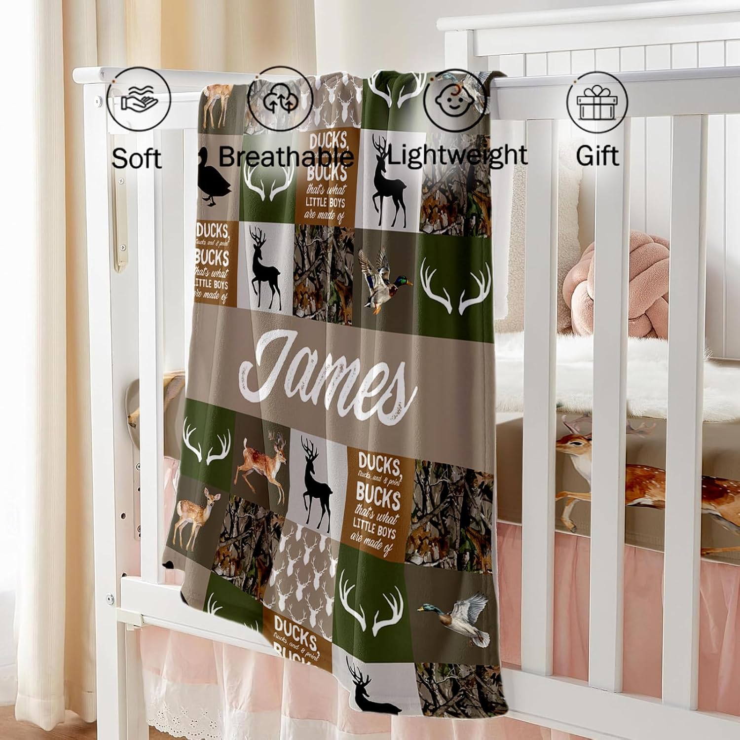 Custom Baby Crib Bedding Set - Green Deer Design Personalized Name Baby Nursery Bedding 3 Pcs Set - Chic Soft Blanket, Fitted Sheet, Room Rug for Newborns Boys Girls Gifts