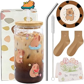 Capybara Water Pig Glass Mug with Lid and Straw | Cute Capybara Gift with Socks, Greeting Card &amp; Coaster for Coffee, Juice &amp; 