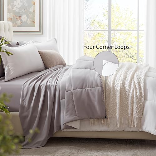 Miniatura 3 de Hboemde Juego de edredón Queen de 7 piezas reversible en una bolsa, edredón blanco tamaño Queen y juegos de sábanas para todas las estaciones,