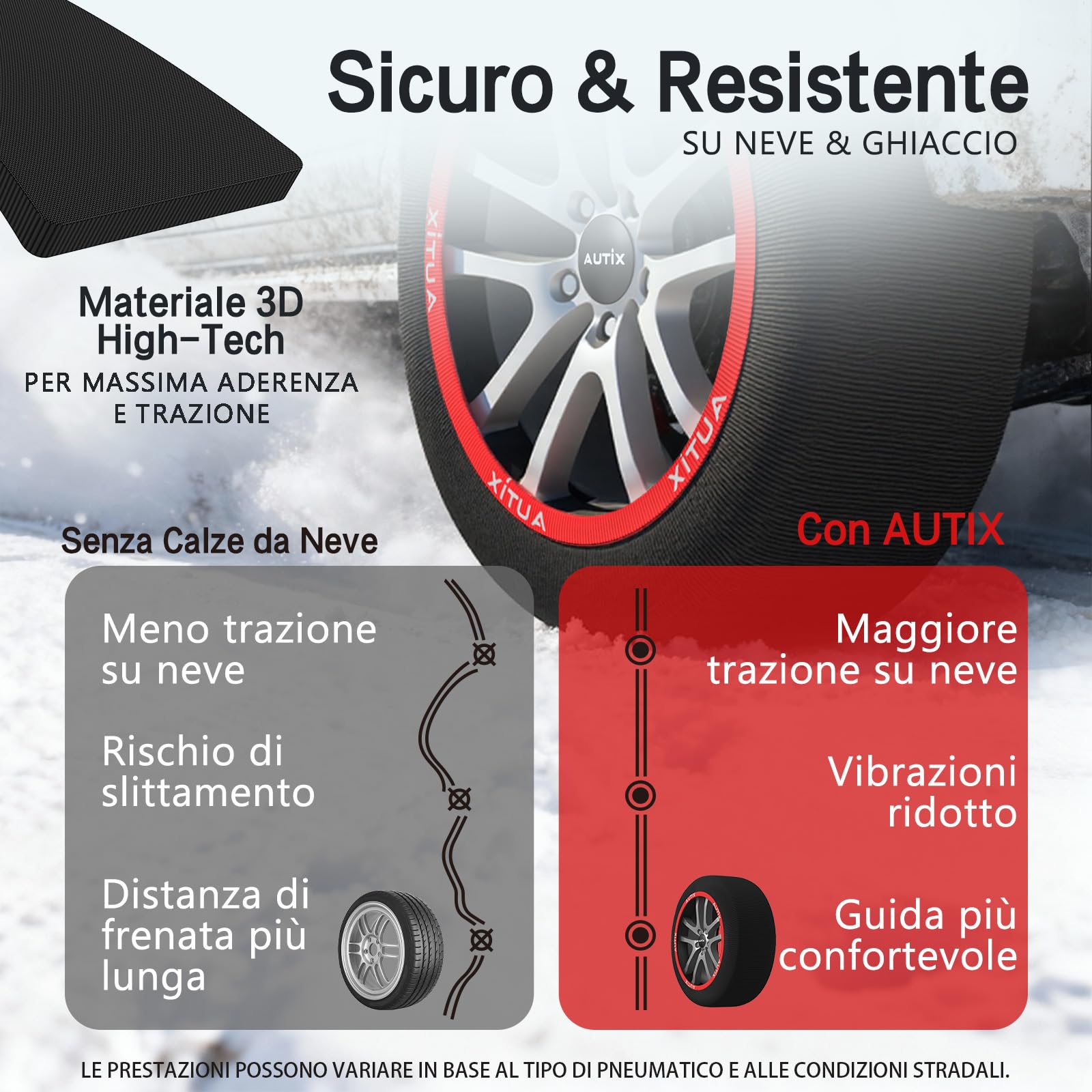 AUTIX Calze da Neve Omologate per Auto – Tessuto Rinforzato, Massima Aderenza su Ghiaccio e Neve, Omologazione Europea, Facili da Installare, Riutilizzabili(XL)