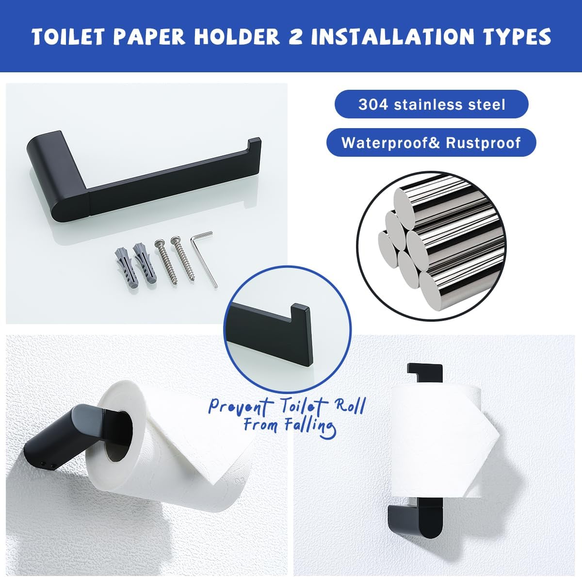 Bathroom Hardware Set, 4-Piece Bath Accessories Set Matte Black Wall Mount Includes 18 Inch Hand Towel Bar,Toilet Paper Holder,Bath Towel Hook,SW96026S-4MB.