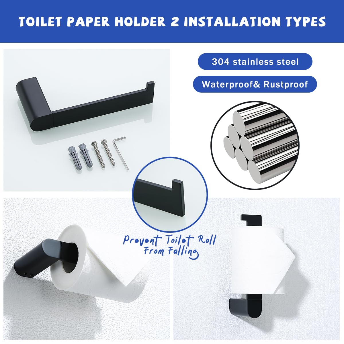 SW96026S-4MB - Juego de accesorios de baño de 3 piezas, soporte de pared negro mate, incluye soporte para papel higiénico, gancho para toallas de baño, toallero, SW96026S-4MB.