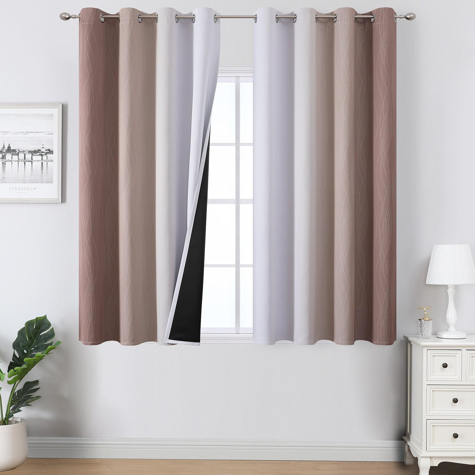 Taupe and Greyish White Ombre Blackout Curtains for Bedroom 45 Inches Long