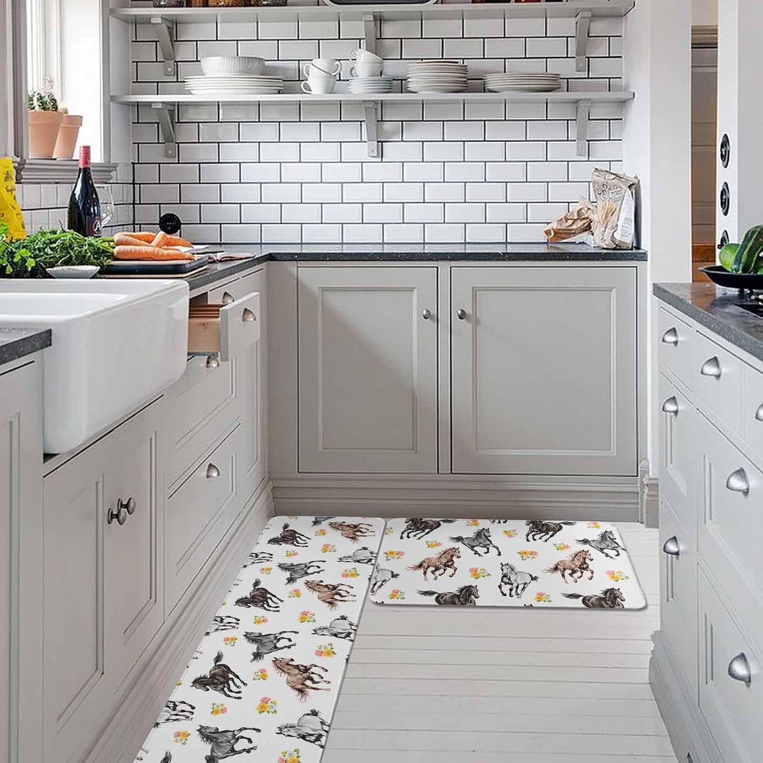 Spring Flowers Kitchen Rugs and Mats Set of 2, Non-Slip Kitchen Sink Mat, Black Brown White Horse Country Vintage Washable Doormat Bathroom Rugs Runner for Bedroom/Living Room 19.7"x31.5"+19.7"x47.2"