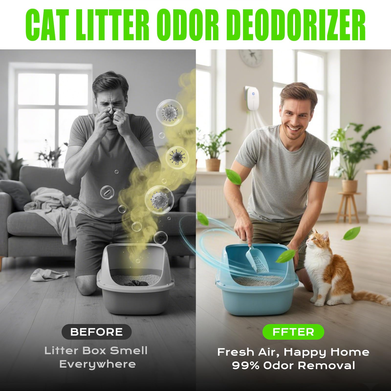 Deodorante per lettiera per gatti 99% ozono eliminatore di odori ioni negativi 2 in 1, purificatore d'aria portatile senza filtro, silenzioso, rimozione degli odori del cane per casa, animali
