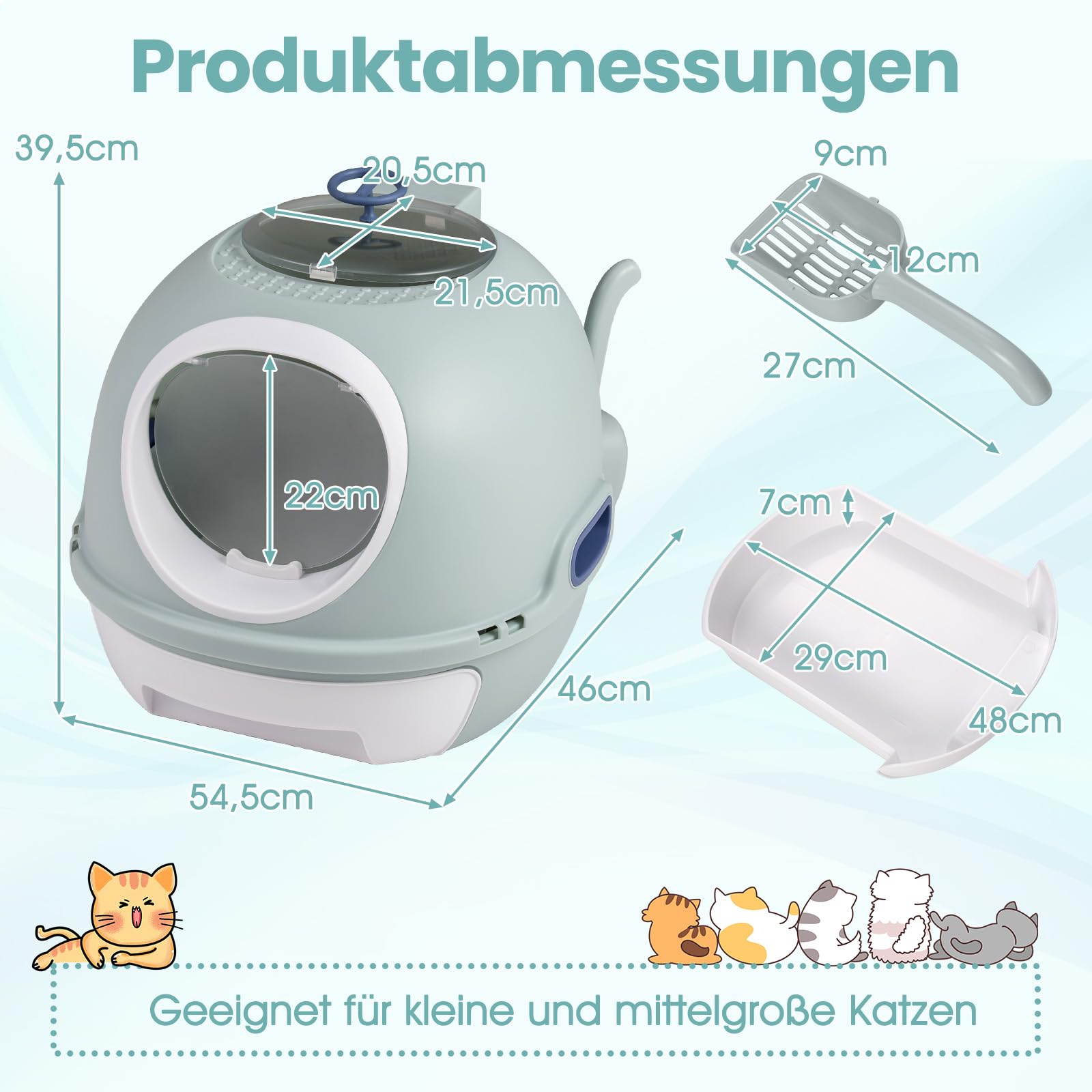 GYMAX Katzentoilette, tragbares Katzenklo mit Deckel, Schublade, Pendeltür, Luke & Schaufel, einfache Reinigung, Cat Litter Box Katzenklo Katzenzubehör (Blau)