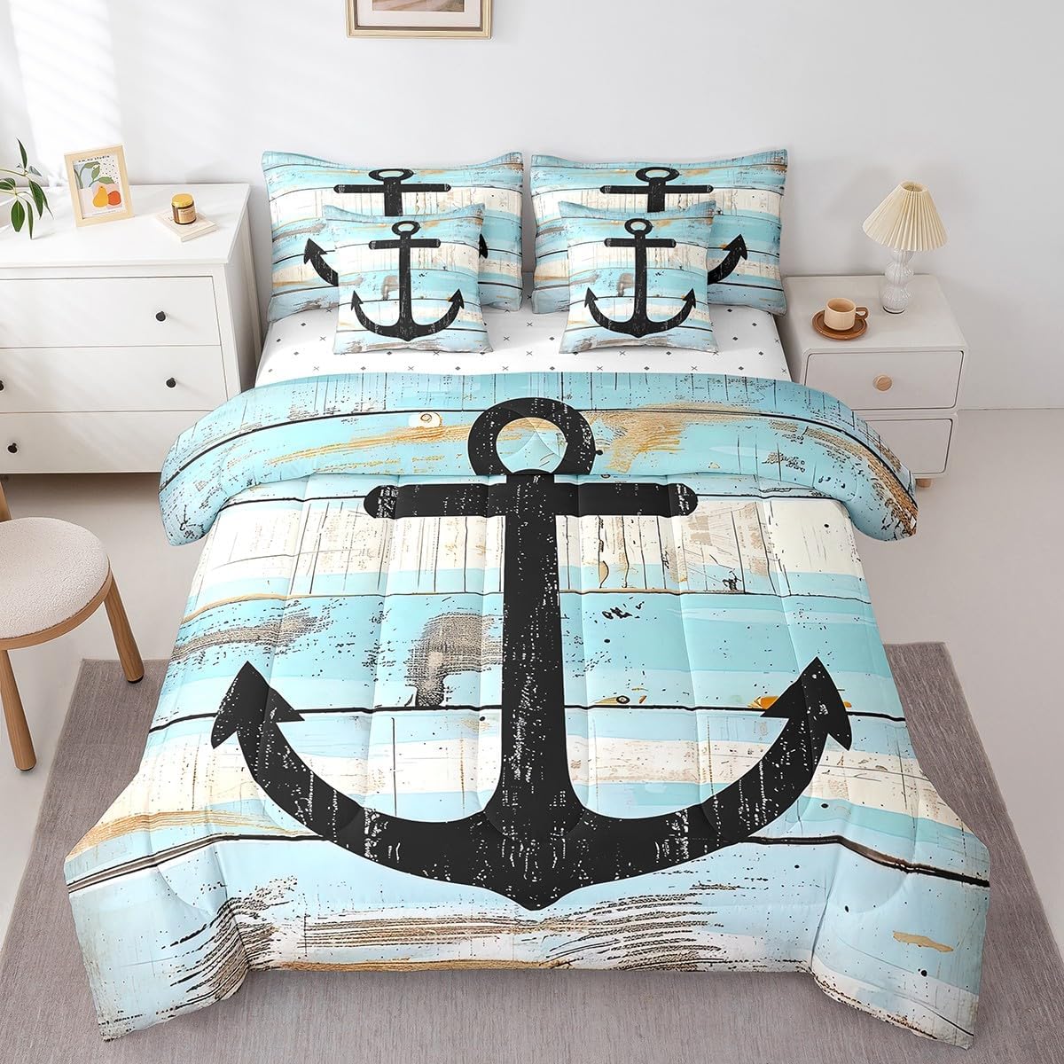 Erosebridal Boat Anchor King Comforter Set - 7 Pieces Sailing Nautical Bedding Sets King Bed in a Bag with Reversible White Teal Rustic Cabin Planks Comforter,Sheets,Pillowcases & Shams