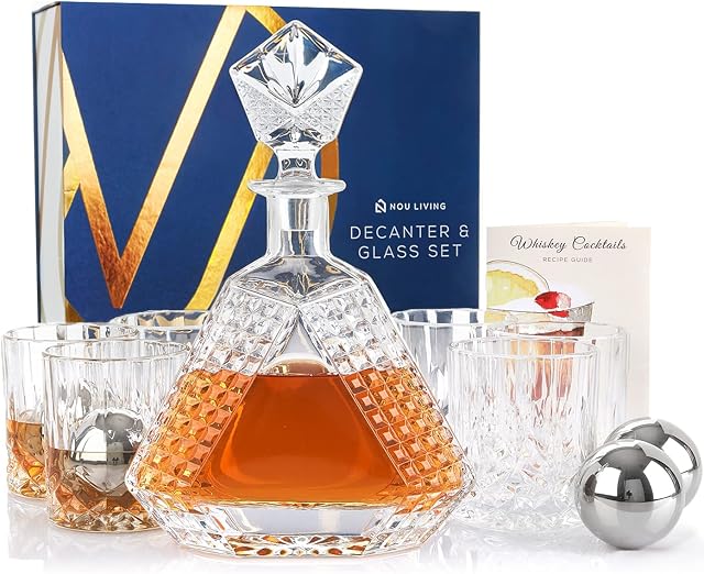 Nou Living 11 Pc Crystal Whiskey Decanter Set with Glasses  Premium Whiskey Decanter and Glass Set of 6  Crystal Liquor Decanter Set for Men  Whiskey Glass Set with Decanter for Whiskey or Bourbon