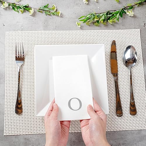 Miniatura 398 de Luxenap - Toallas de invitados de 15.8 x 7.9 pulgadas, 50 toallas de mano con letras plateadas, letra "P", fuente Sans Serif, servilletas de papel