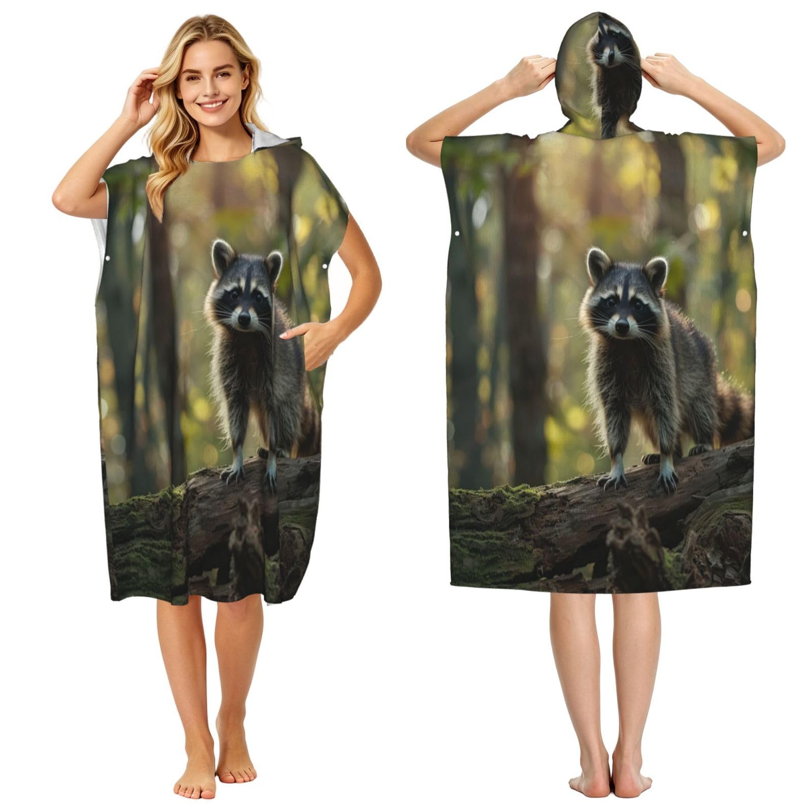 DTHKJNLSF Raccoon Adult Hooded Beach Poncho Towel
