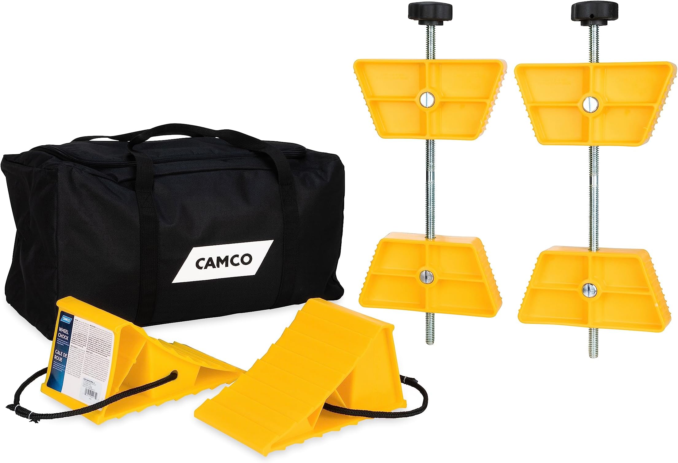 Camco Tandem Axel Camper/RV Stabilizing Kit | Features Heavy-Duty UV-Stabilized Wheel Stops & Wheel Chocks for Travel Trailers | Includes Duffel Bag for RV Storage and Organization | 5-pc (44552)
