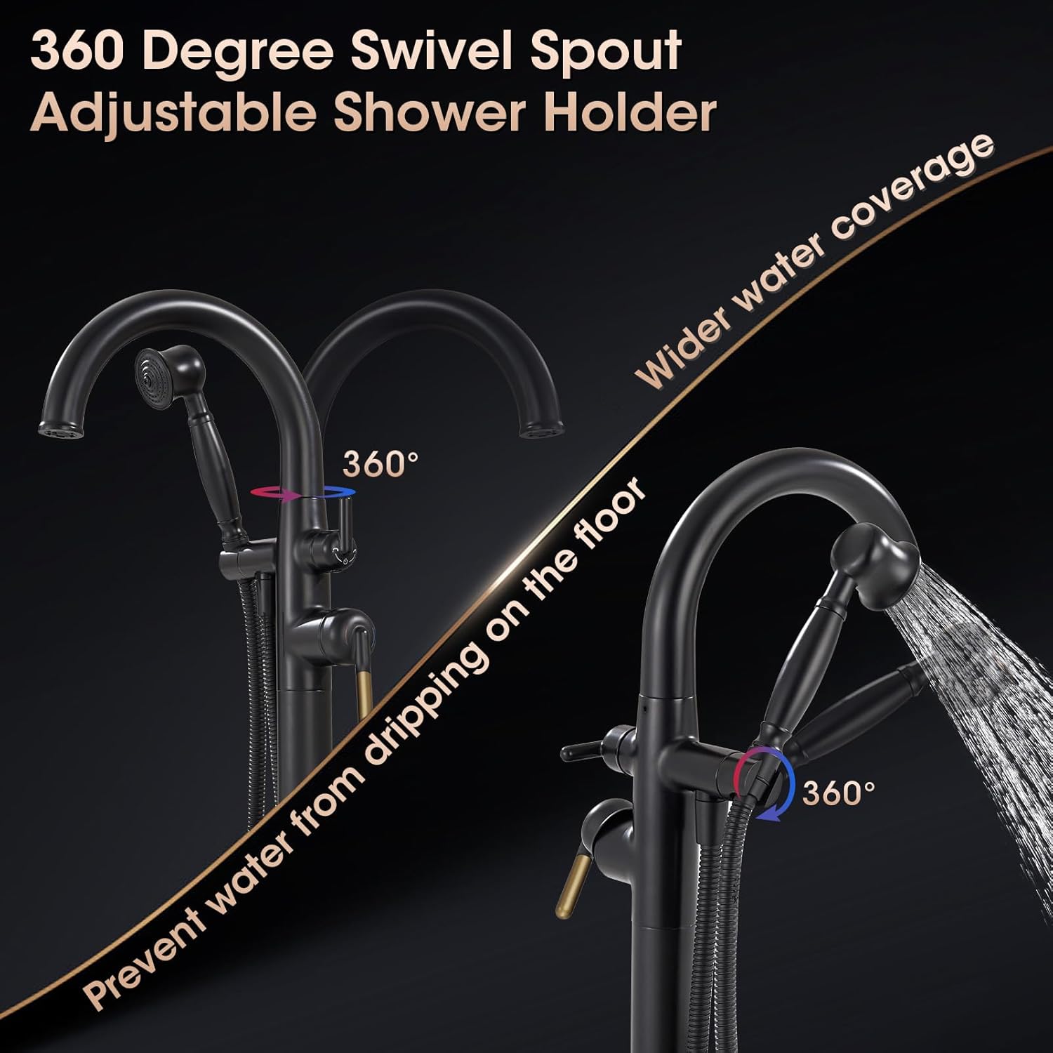 Freestanding Bathtub Faucet Black & Rose Gold Tub Filler High Flow 6.65GPM@60PSI Floor Mount Tub Faucets with Vintage Hand Shower
