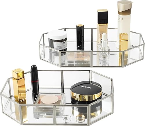 Juego de 2 bandejas de perfume plateadas bandeja de tocador con marco de metal bandeja de espejo grande para tocador joyería de baño o decoración