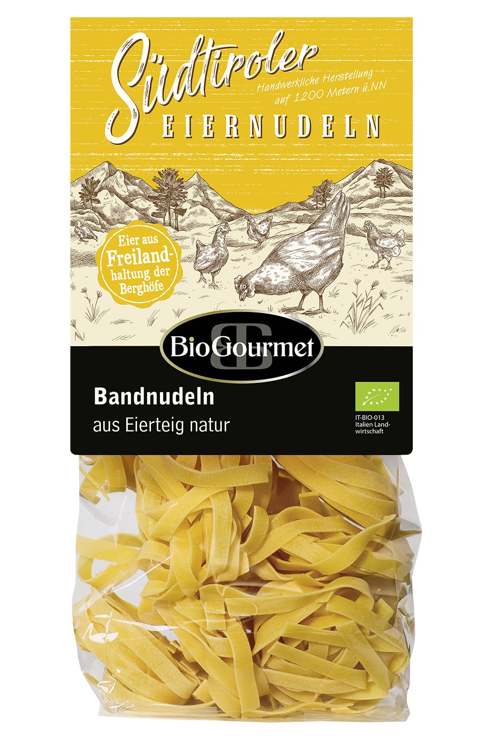 BioGourmet Bandnudeln aus Eierteig natur | Klassische Bandnudeln mit Ei – perfekt für feine Saucen und Bratengerichte - Südtiroler Pasta | 1 x 250 g Bio