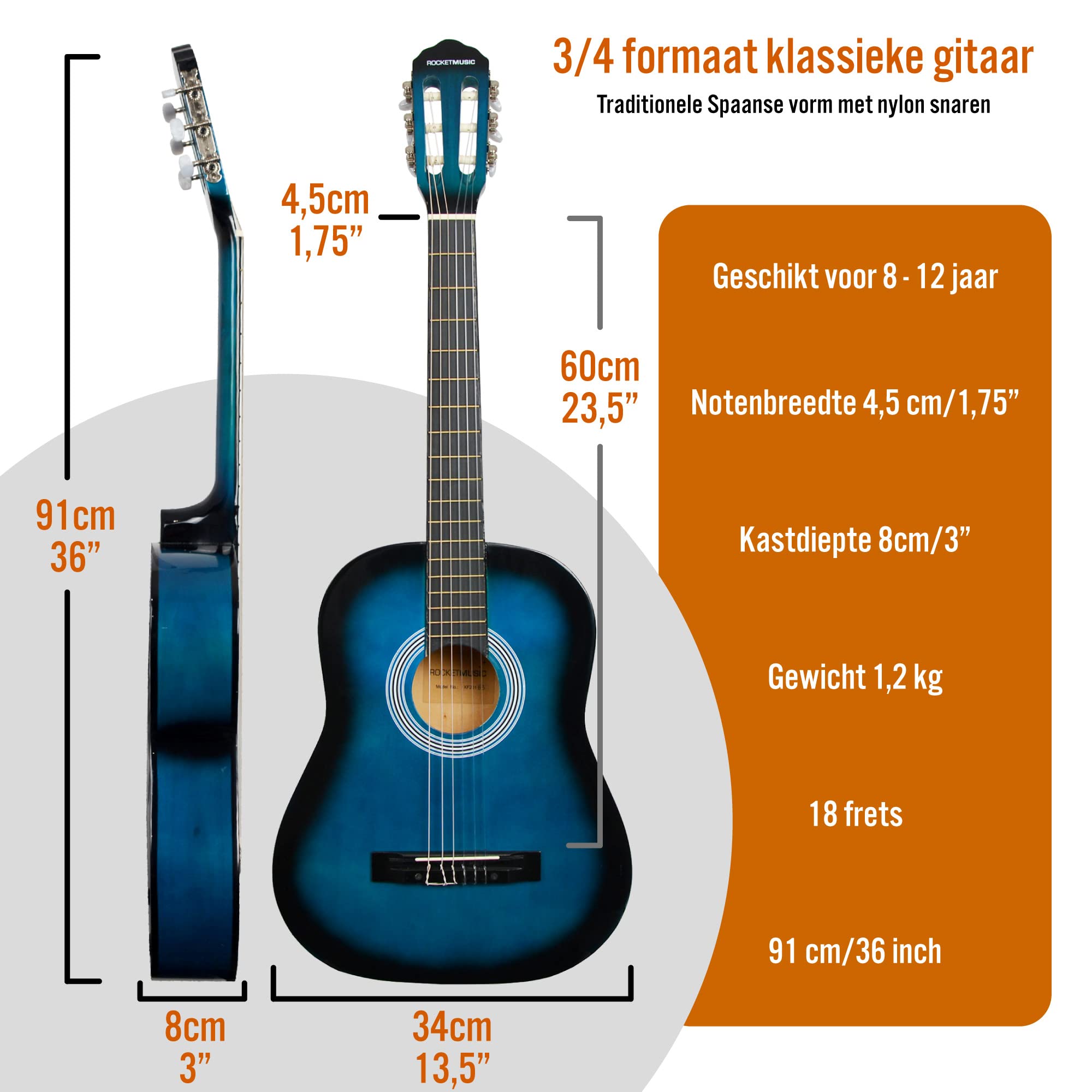 3rd Avenue XF 3/4 formaat klassieke Spaanse akoestische gitaar, beginnerspakket met nylon snaren, gigbag, capo en plectrums - zwart