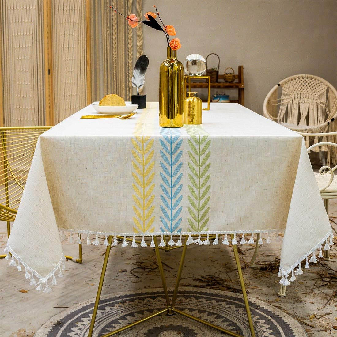 smiry Embroidery Tassel Tablecloth - Cotton Linen Dust-Proof Table Cover for Kitchen Dining Room Party Home Tabletop Decoration (Rectangle/Oblong, 55 x 70 Inch, Colorful