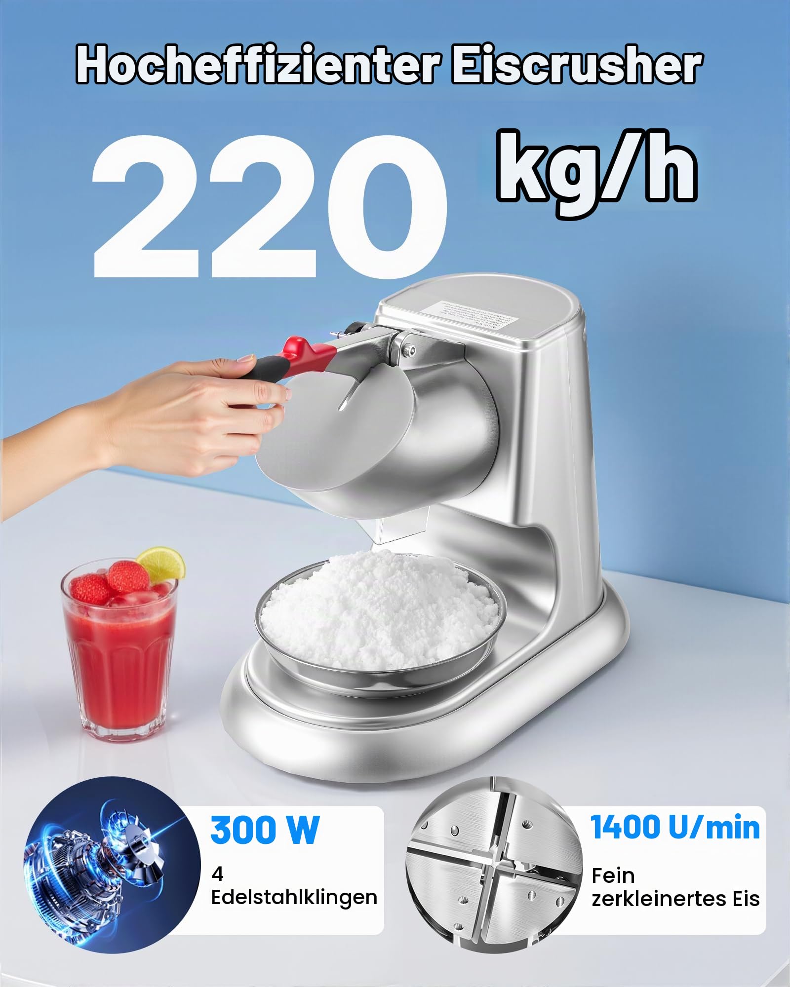 VEVOR Kommerzieller Eiscrusher 100 kg pro Stunde, elektrischer Schneekegel-Maker mit 4 Klingen, Edelstahl-Eiscrusher mit Schüssel & Abdeckung 300 W 2000 U/min, Eisrasierer Silber