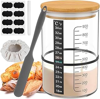 6Pcs Sourdough Starter Jar with Scale Thermometer, Heat Resistant Sourdough Starter Container with Metal Lid, Cloth Cover,...