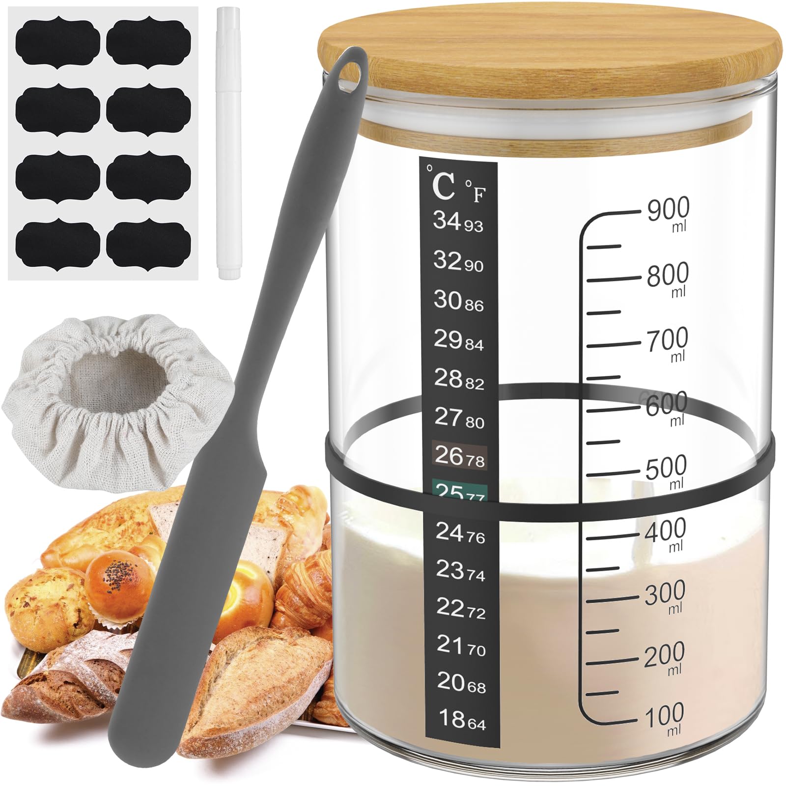 Sourdough zestaw startowy do zakwasu, 900 ml, 8 etykiet, długopis, silikonowa szpatułka, pojemnik z materiału, pojemnik na zakwas, do fermentacji