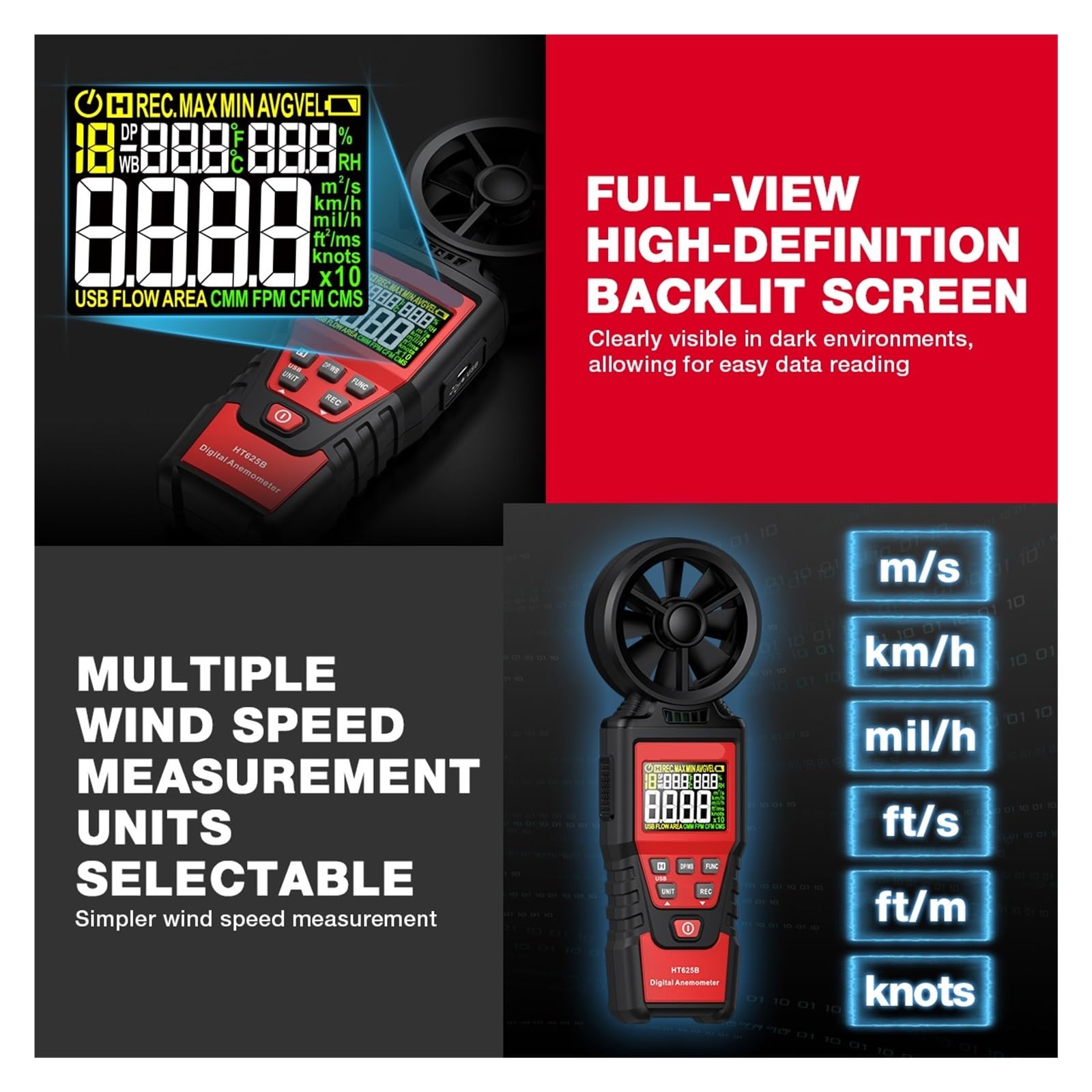 HT625 Digital-Anemometer Tragbares handgehaltenes Windgeschwindigkeitsmessgerät Windmesser LCD-Hintergrundbeleuchtungsanzeige Temperatur-Feuchtigkeitsmessgerät(HT625B)