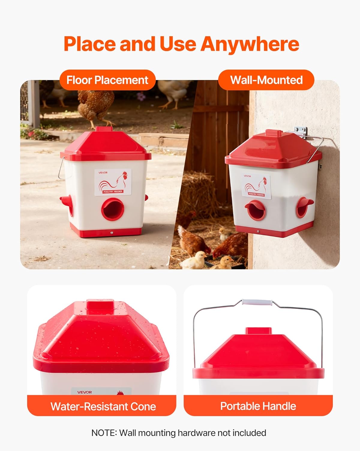 VEVOR Automatic Chicken Feeder, 40 Pounds Capacity, Large Gravity Hanging Poultry Feeder Dispenser with Handle, No Waste Rainproof Design, 3 Feeding Ports, Inside or Outside Hen Coop, for Chickens