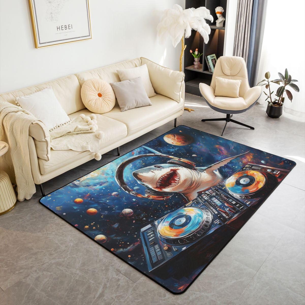 Homewish Dywaniki 3D z rekinem 100 x 150 cm do sypialni salonu - olejny kolorowy obraz nowoczesny dywan podłogowy fantazja planeta kosmos duże dywany rock DJ muzyka nie gubi włosia dywan