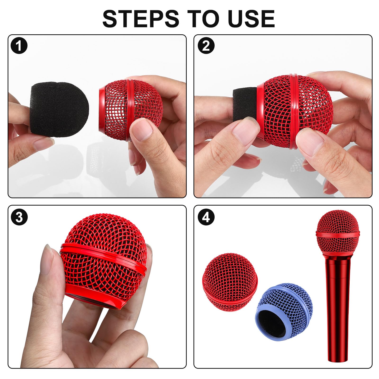 Facmogu 4PCS Beta58A Mesh Microphone Heads, Microphone Head Replacement, Microphone Grille Ball Head With Inner Foam, Beta 58A Steel Wireless Mic Head Cover, Round Microphone Head Grill - Mulitcolor