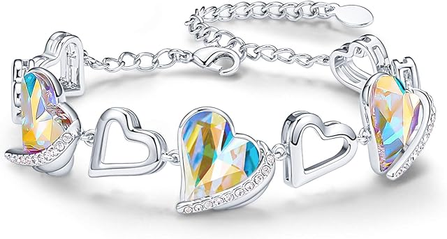 CDE Love Heart Bracelets for Womens Jewellery 20K White/Rose Gold Plated Adjustable Bracelets with Crystal Christmas Birthday Mother's Day Jewelry Gifts for Her Wife Ladies Mum