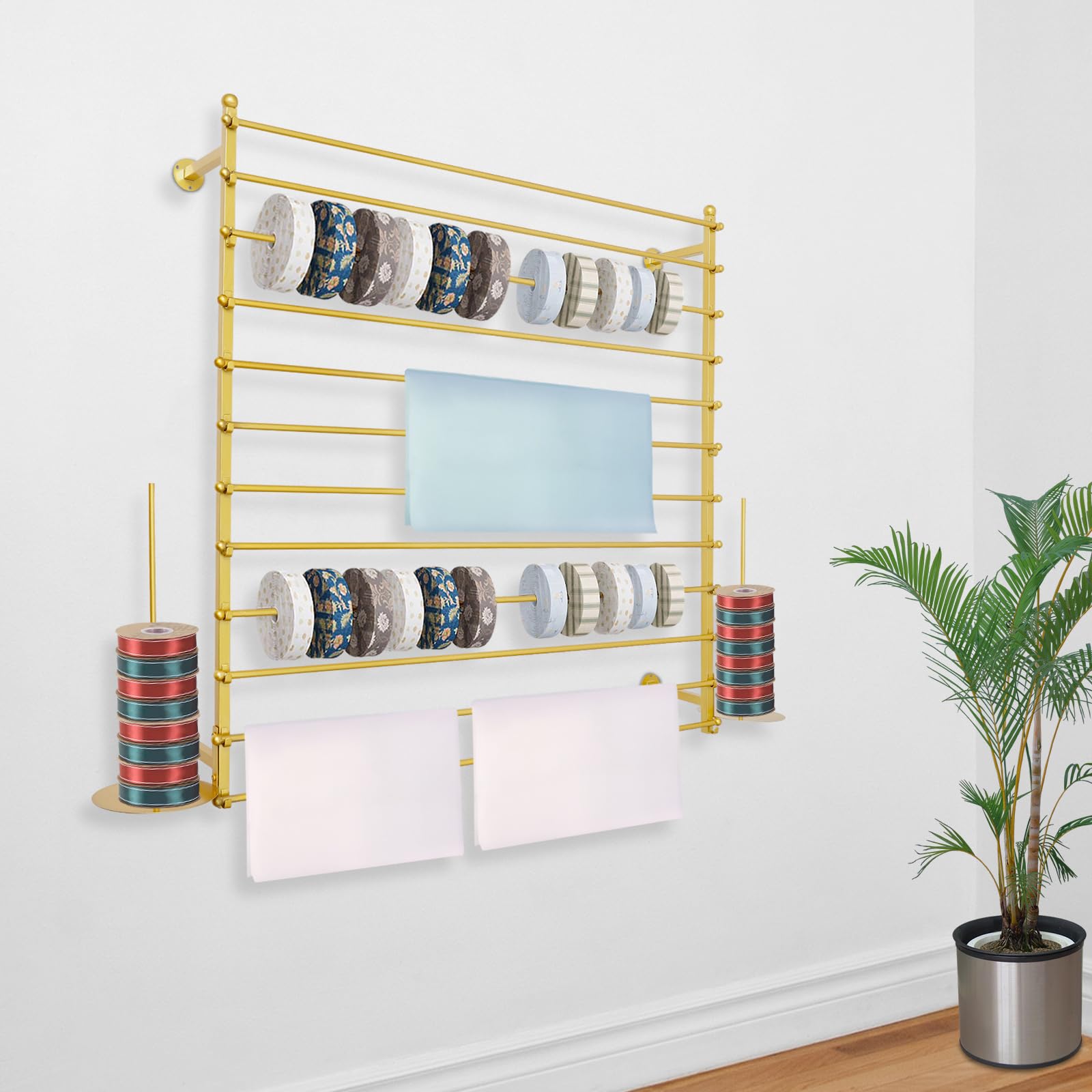 Wall Mounted Ribbon Holder Tie Rack Metal Scarf Organizer 12 Tiers Wrapping Paper Ribbon Shelves Space Saving Craft Ribbon Storage Display Rack for Gift Shops Bathrooms