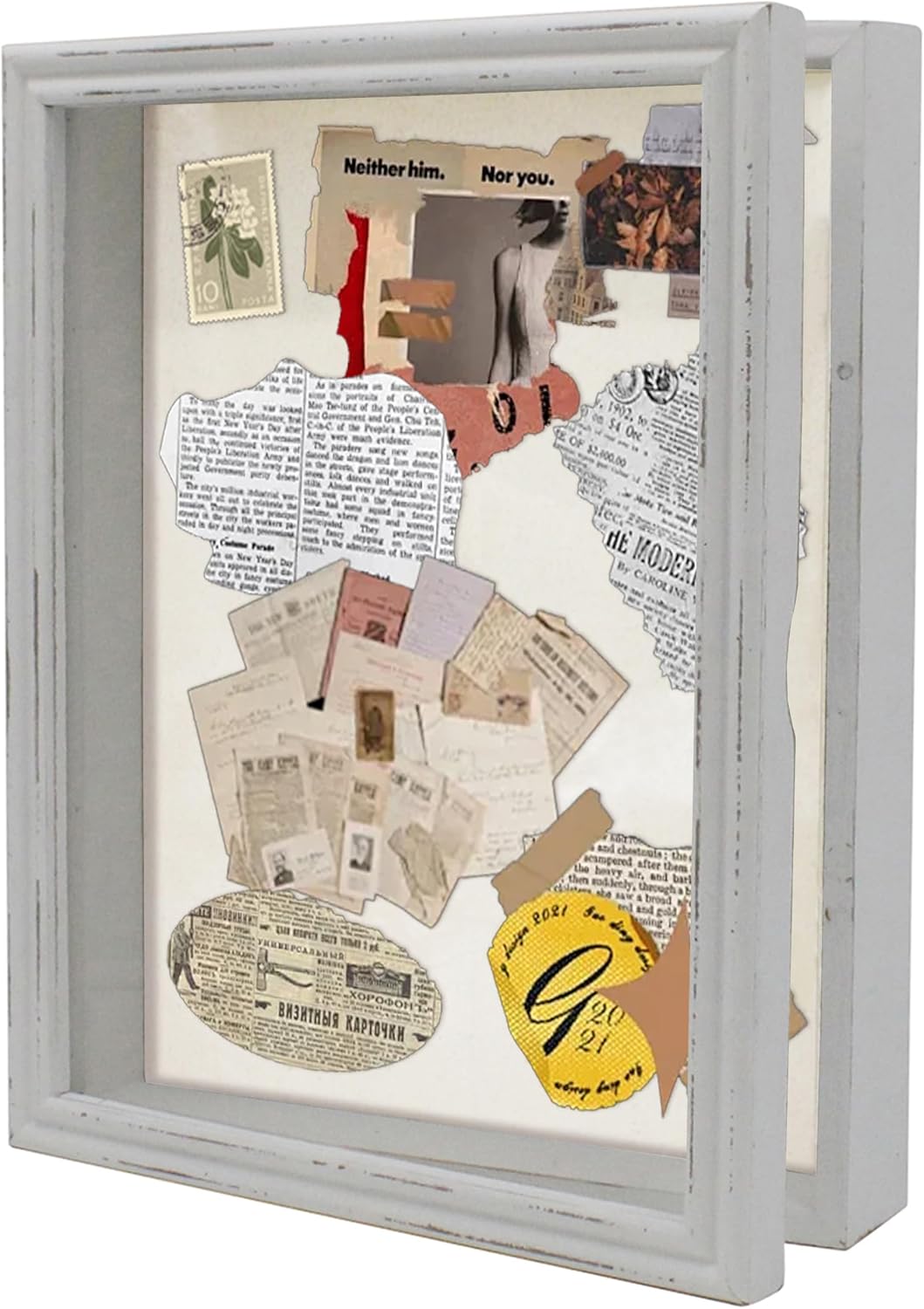 Shadow Box Frame, Solid Wood Display Cases Memory Box with Linen Back for Keepsakes, Photos, Medals. 11 x 14 Inch, Distressed White