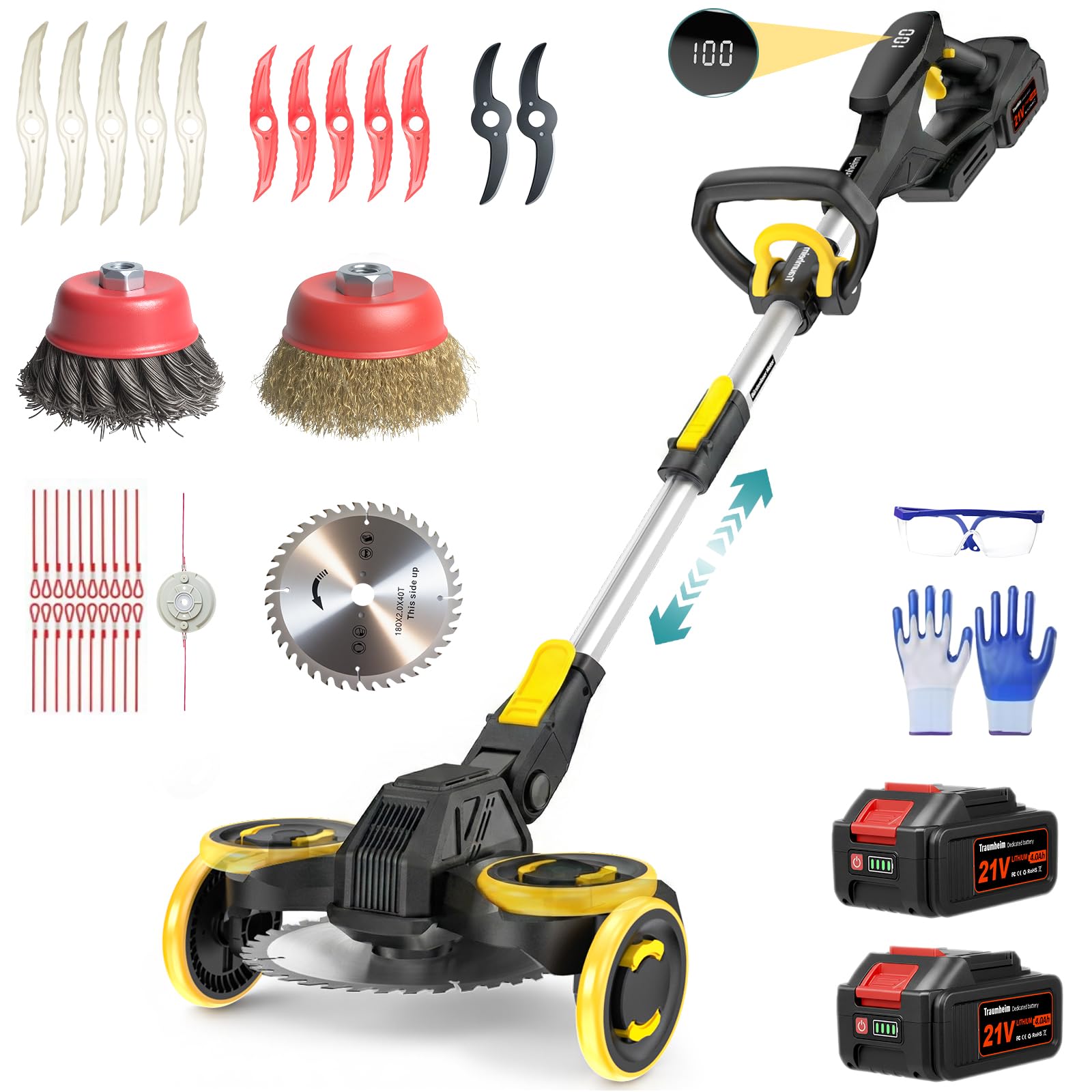 Rasentrimmer mit Akku, 21V Akku Rasentrimmer für Makita Akku, Rasentrimmer mit Unkrautbürste, 2 * 4.0Ah 5 in 1 Rasentrimmer, 900W Bürstenloser Motor Freischneider Akku für Rasen, Garten, Hof(Schwarz)