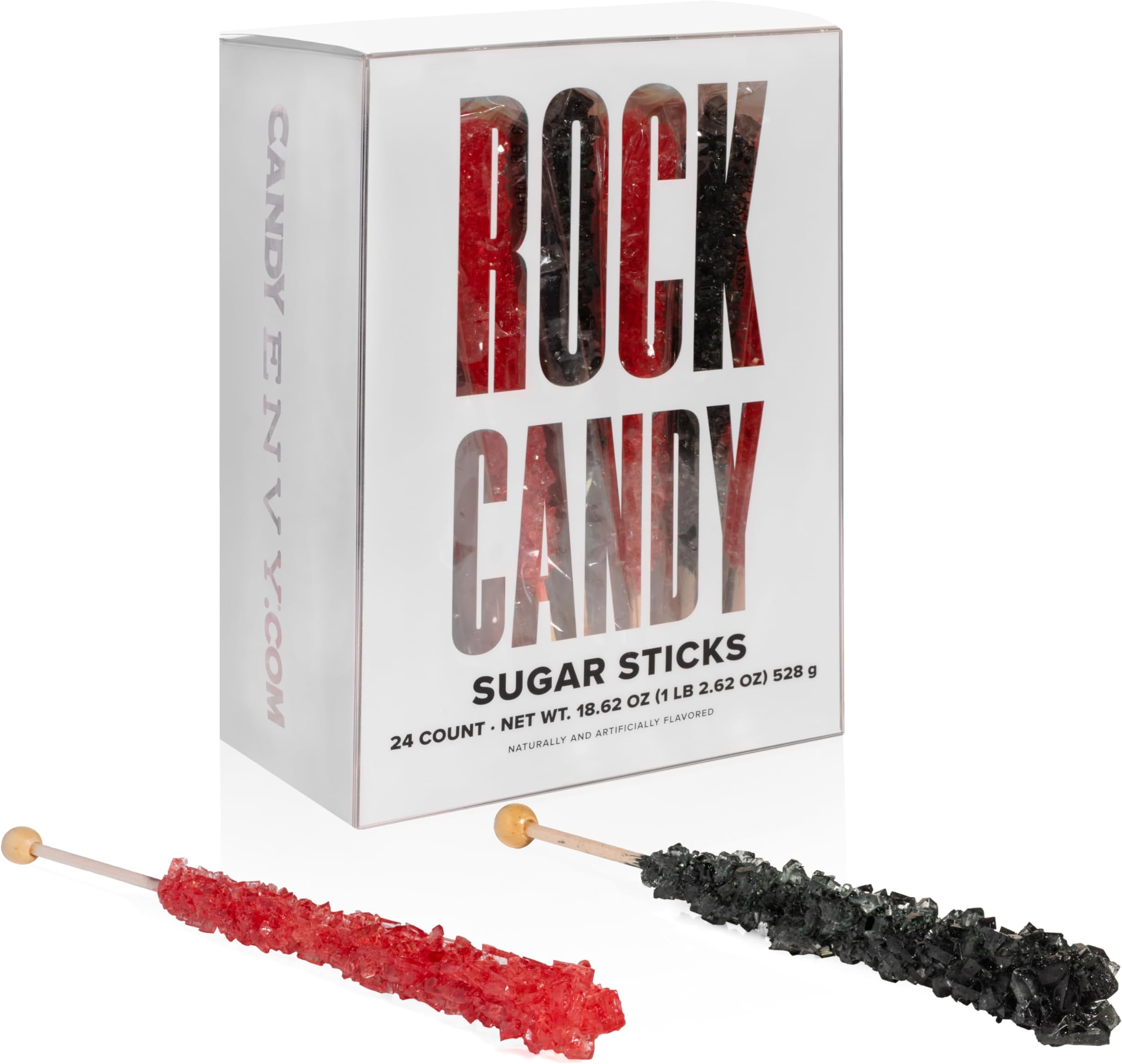 Black and Red Rock Candy Sugar Sticks - 24 Individually Wrapped Candy - Black Cherry & Strawberry Flavored
