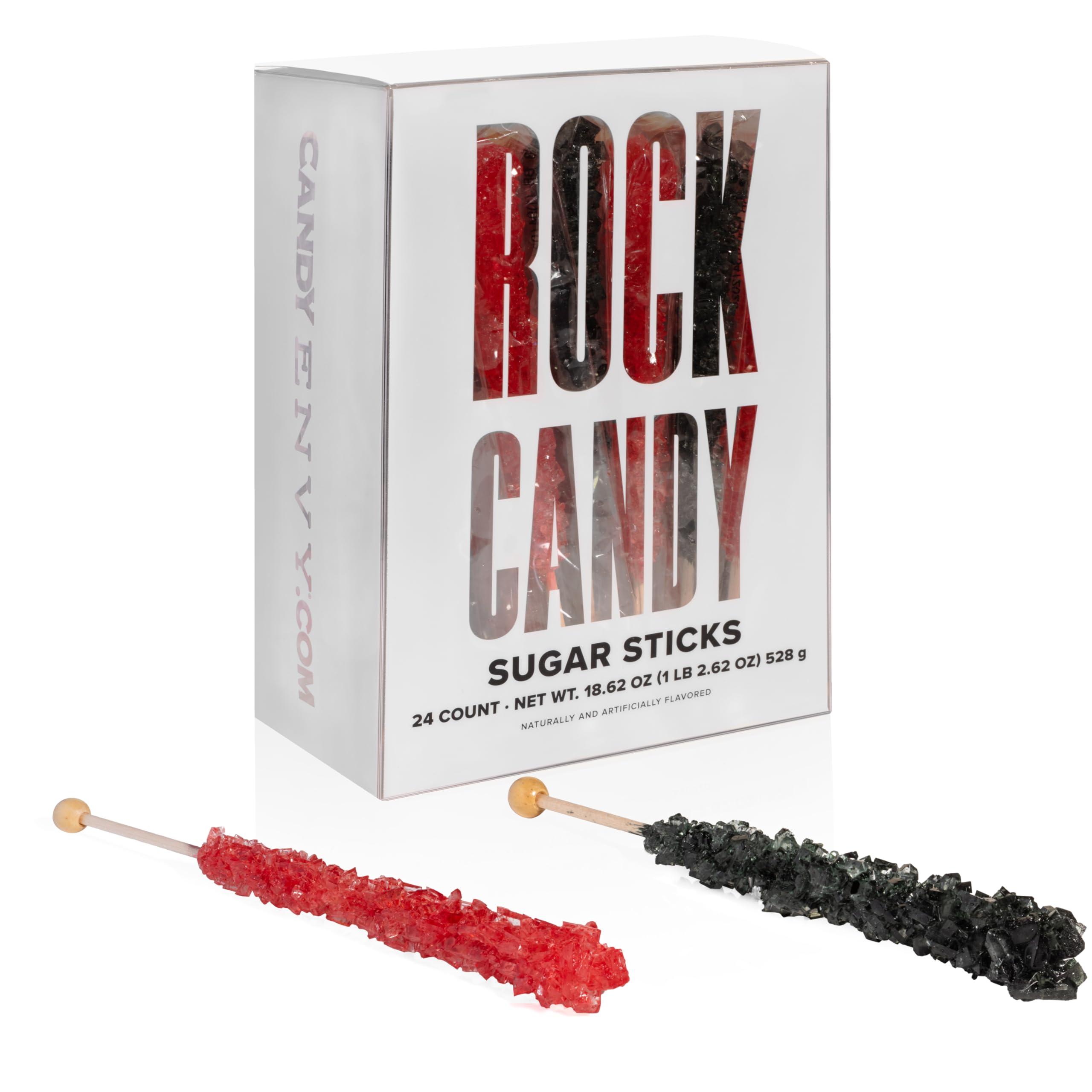 Black and Red Rock Candy Sugar Sticks - 24 Individually Wrapped Candy - Black Cherry & Strawberry Flavored