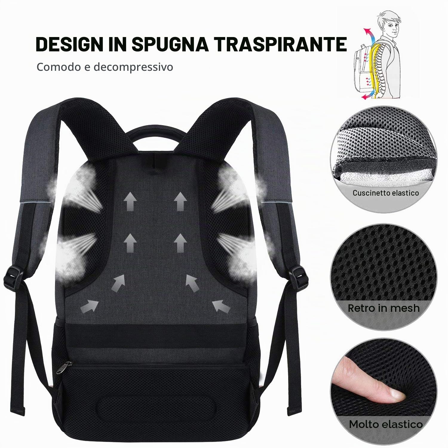 FANDARE Unisex Multiuso Antifurto Zaino con Porta USB Zaino per PC Portatile Impermeabile da Uomo Donna Borsa Universitaria Daypack per La Scuola,Viaggio,Business Poliestere