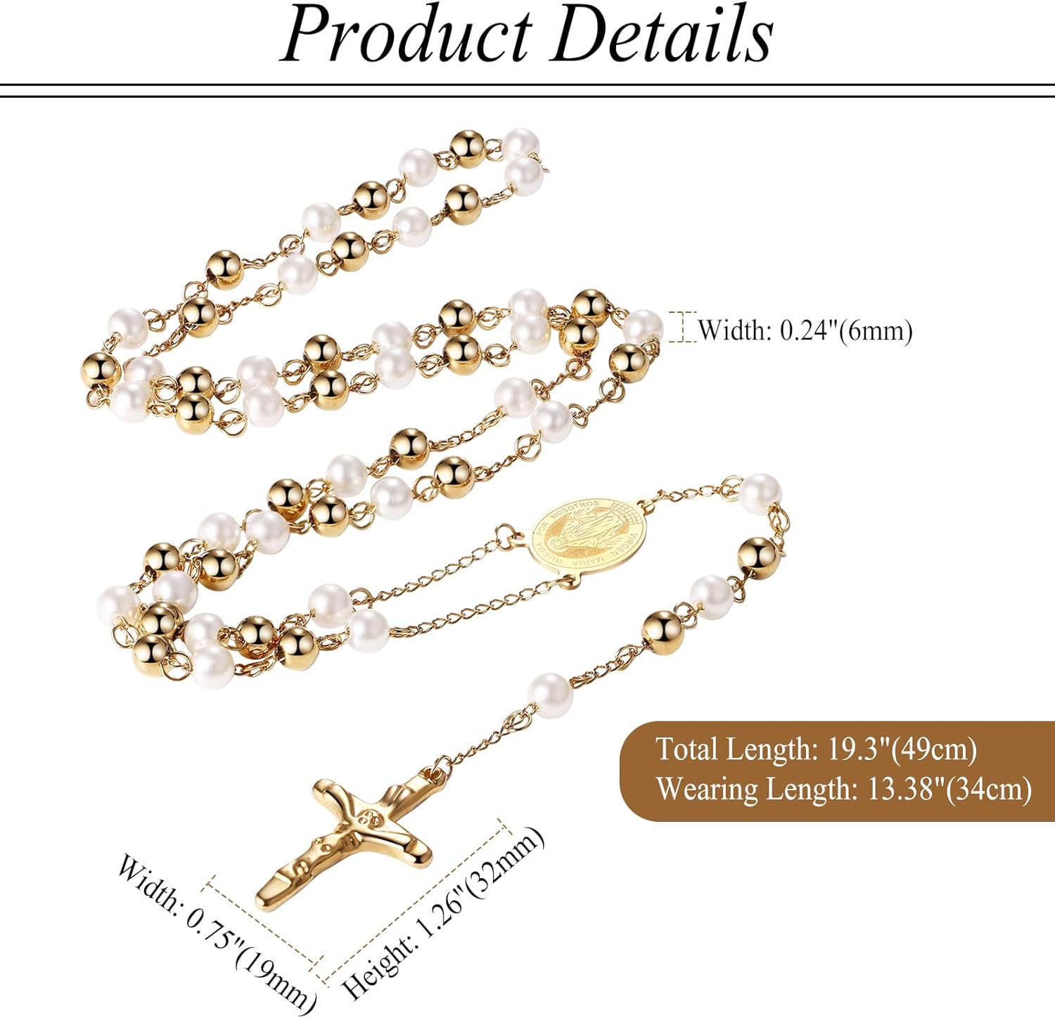 Religious Rosary Beaded Cross Necklace: Christian Beaded Stainless Steel Pearl Virgin Mary Medallion Y Necklace Jewelry Gifts for Women Men - Image 5