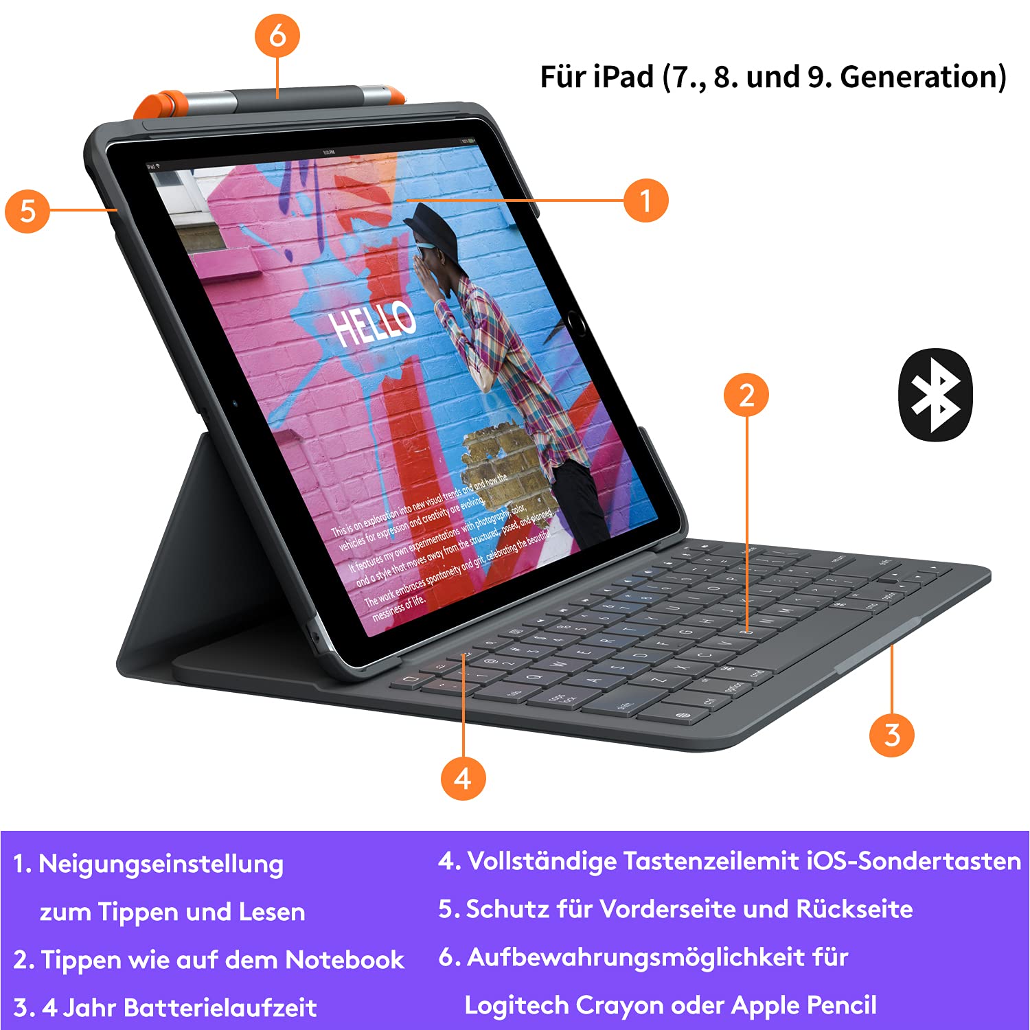 Logitech Slim Folio für iPad (7., 8. und 9. Generation) Tastatur-Case mit integrierter kabelloser Tastatur, Deutsches QWERTZ-Layout - Graphit