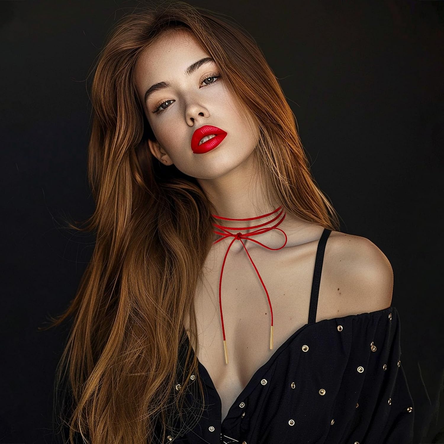 Gothic Velvet Red Choker Bow-knot Sexy Long Wrap Choker Necklace with Gold Tube Pendant for Women Party Prom Neck Accessories