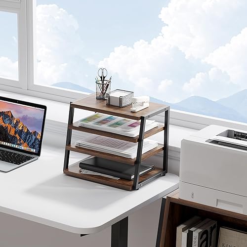 Miniatura 8 de Fenge Organizador de estante de escritorio, estante de escritorio de 4 niveles, estantes de oficina de madera y metal, organizador de archivos de